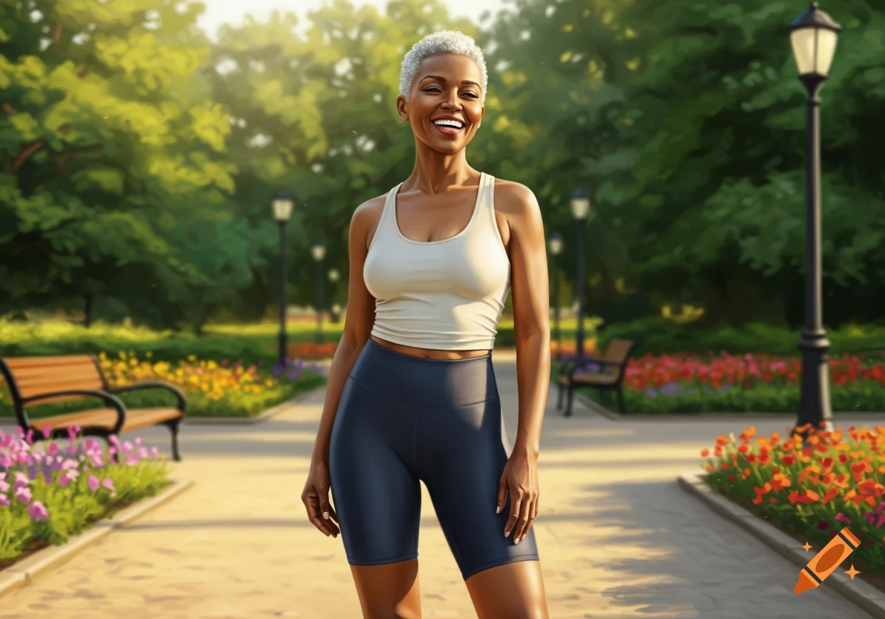 Smiling mature woman in athletic wear stands on a park path with trees and flowers, digital painting.