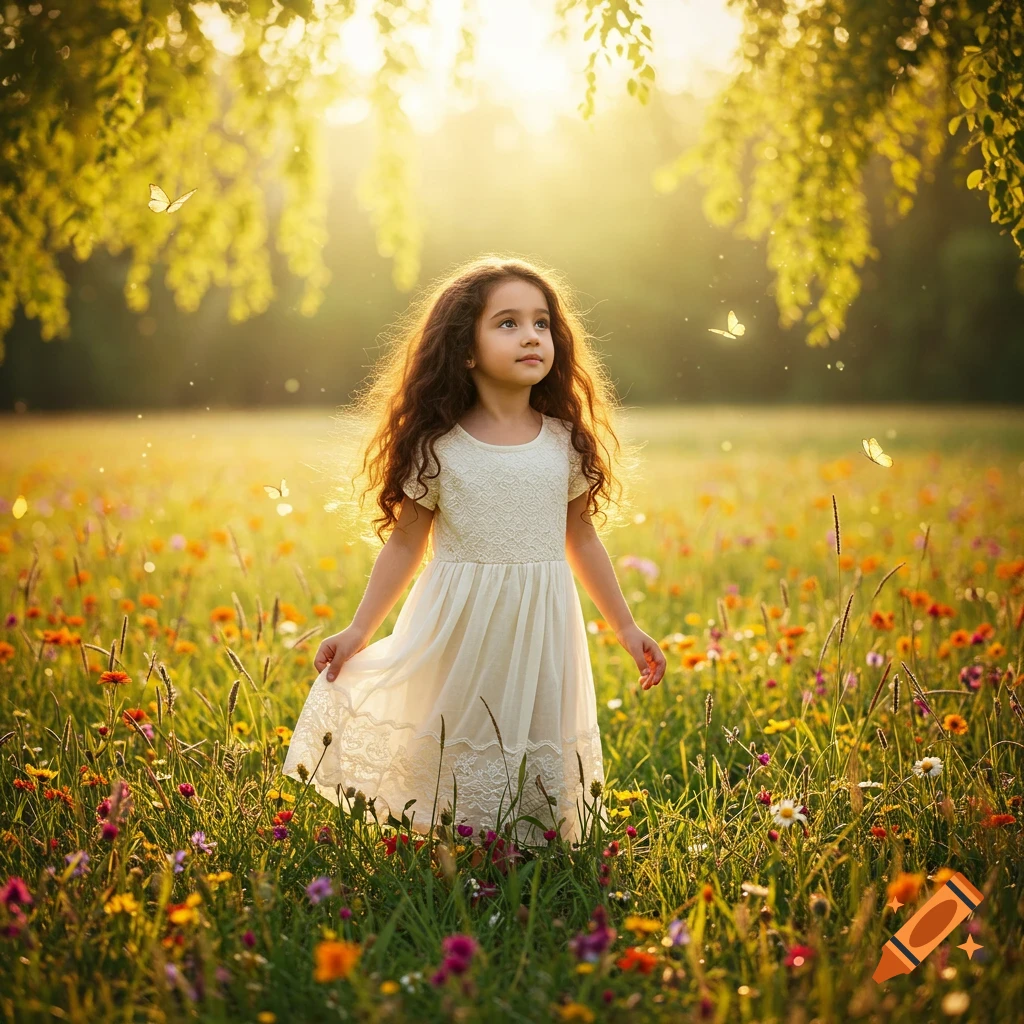 A young girl with long curly hair stands in a sunny field of colorful wildflowers with butterflies flying around her.