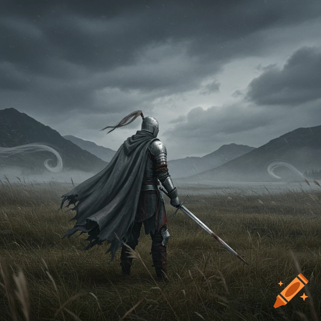 A knight in full armor and a tattered cape stands in a grassy field, facing misty mountains under a stormy, overcast sky.