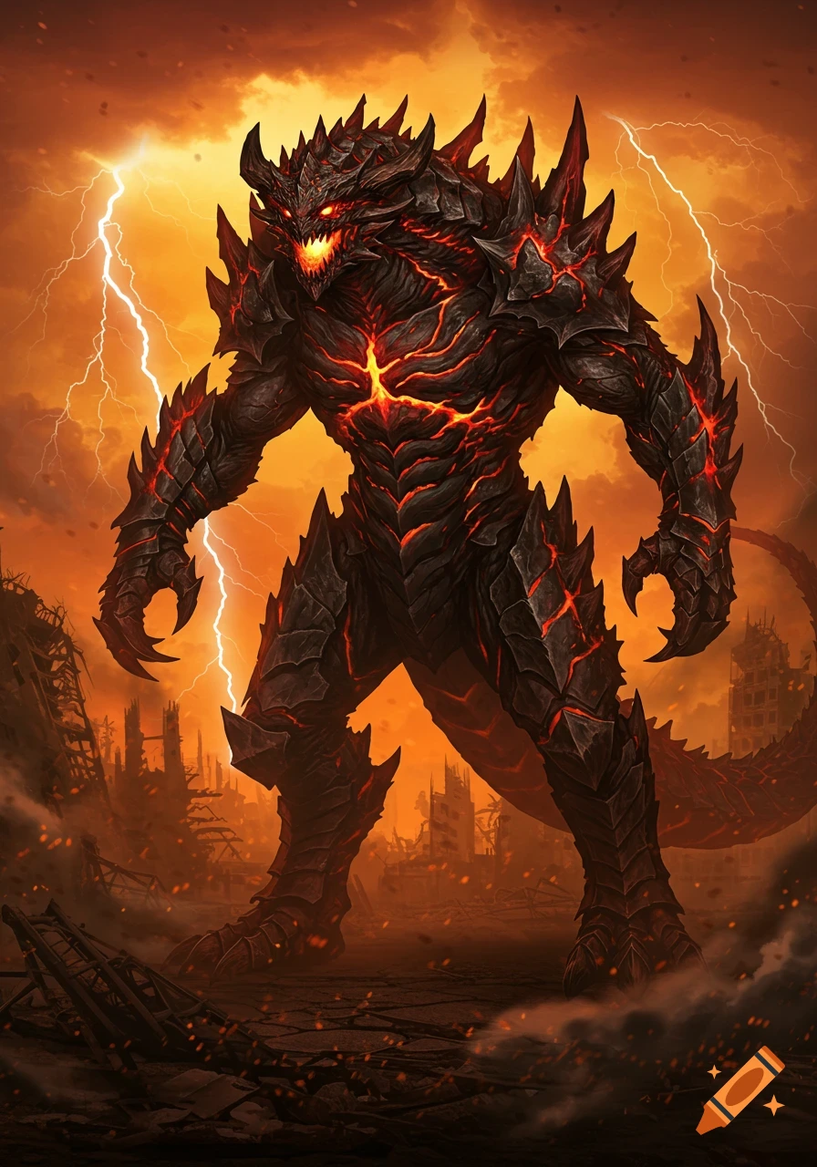 A formidable, dark volcanic monster with glowing red eyes and cracks, stands amidst a destroyed cityscape under a fiery, lightning-filled sky.