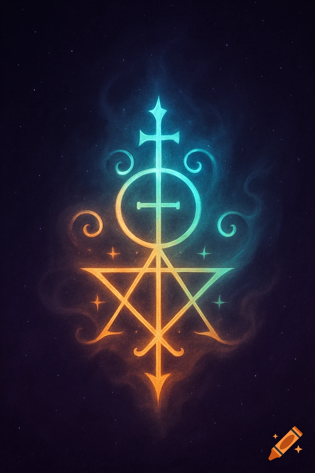 A glowing, gradient-colored mystical symbol composed of geometric shapes and swirls against a dark, starry night sky.