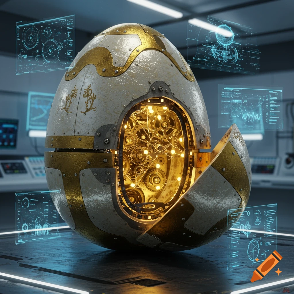 A steampunk-style metallic egg with gold accents and internal gears glowing, surrounded by blue holographic displays in a futuristic lab.