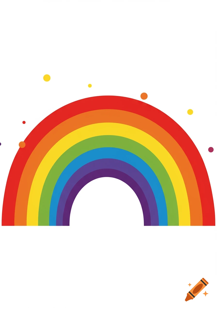 A colorful, simple vector illustration of a rainbow with scattered dots on a white background.