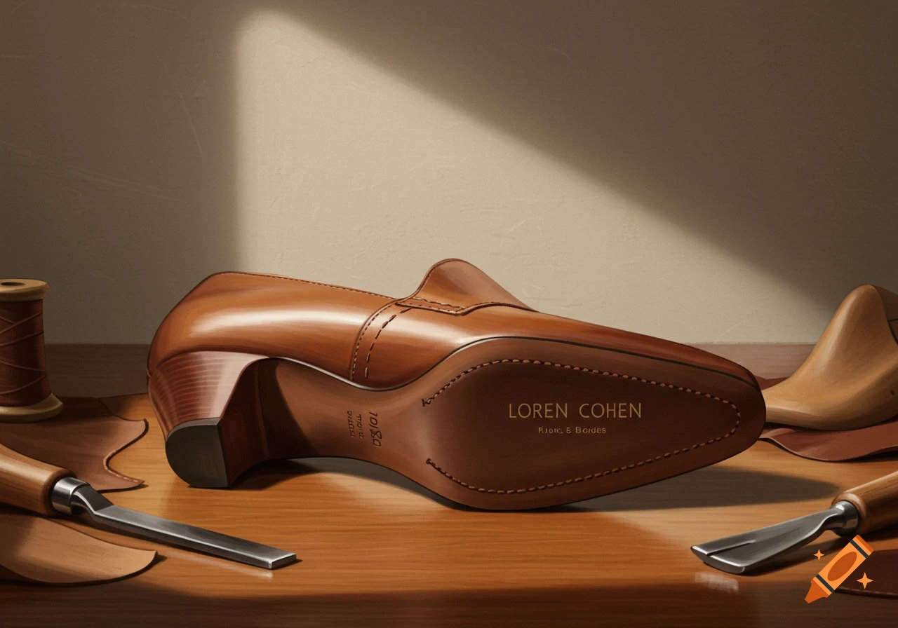 A detailed close-up of a single brown leather loafer shoe resting on a wooden table, surrounded by shoemaking tools and a spool of thread. Sunlight streams across the background.