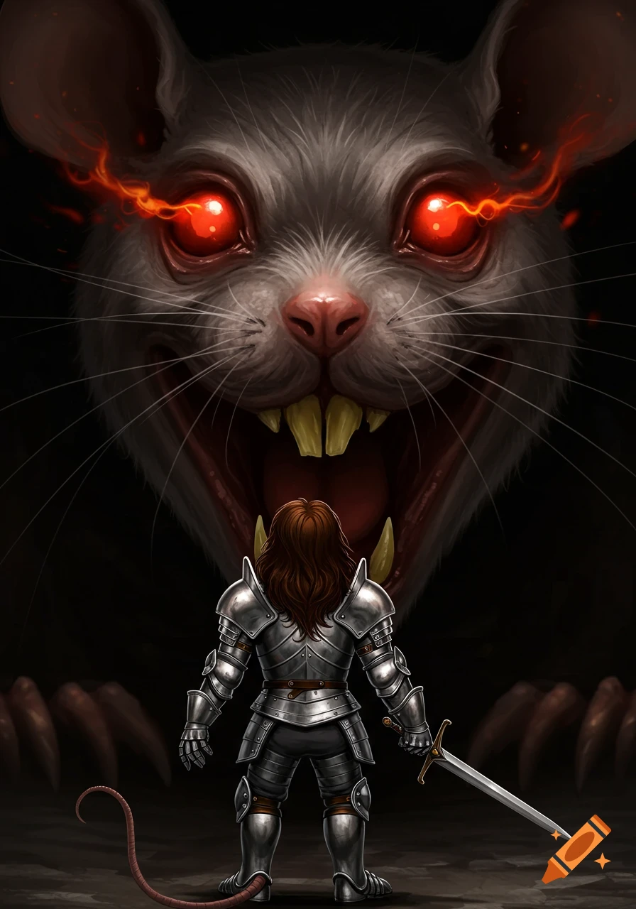 An armored knight with a sword faces a giant monstrous rat with glowing red eyes and sharp yellow teeth in a dark illustration.