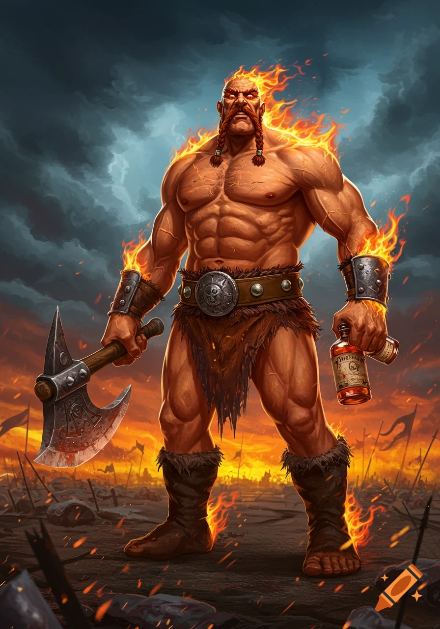 A muscular, fiery barbarian warrior with braided facial hair holds a battle axe and a bottle of whiskey on a battlefield at sunset, digital art.