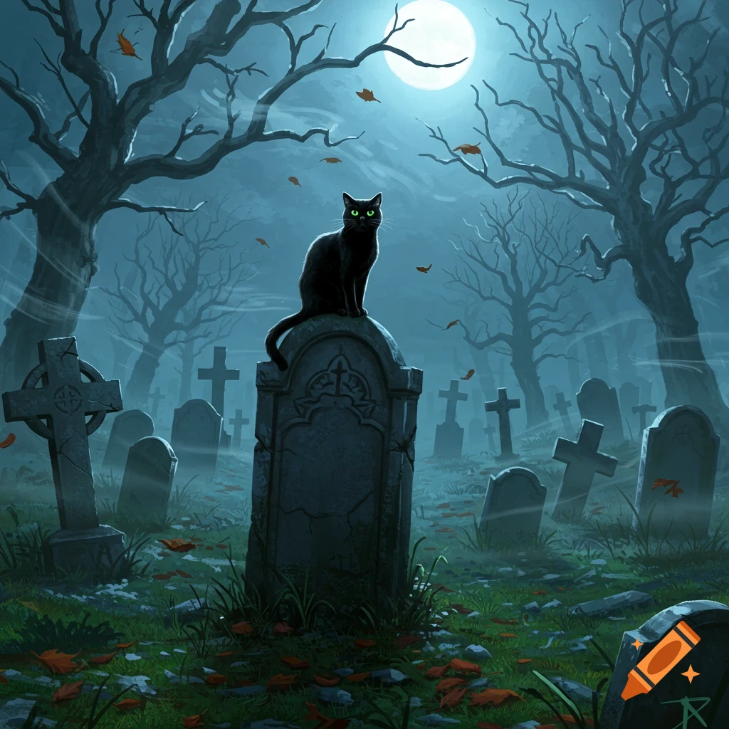 A black cat with glowing green eyes sits on a tall tombstone in an eerie graveyard under a full moon, with bare trees.