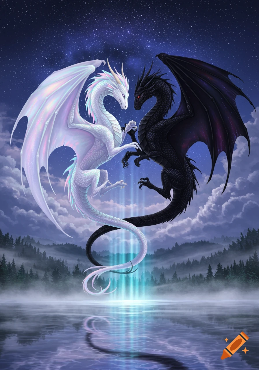 A white dragon and a black dragon intertwine over a misty lake under a starry night sky with a glowing light.