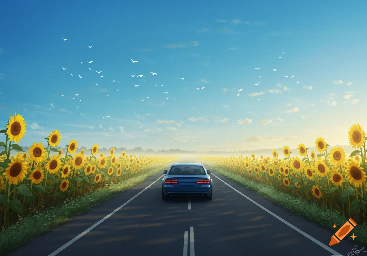 A blue car drives down a straight road flanked by a vast field of vibrant yellow sunflowers under a clear blue sky with white birds.