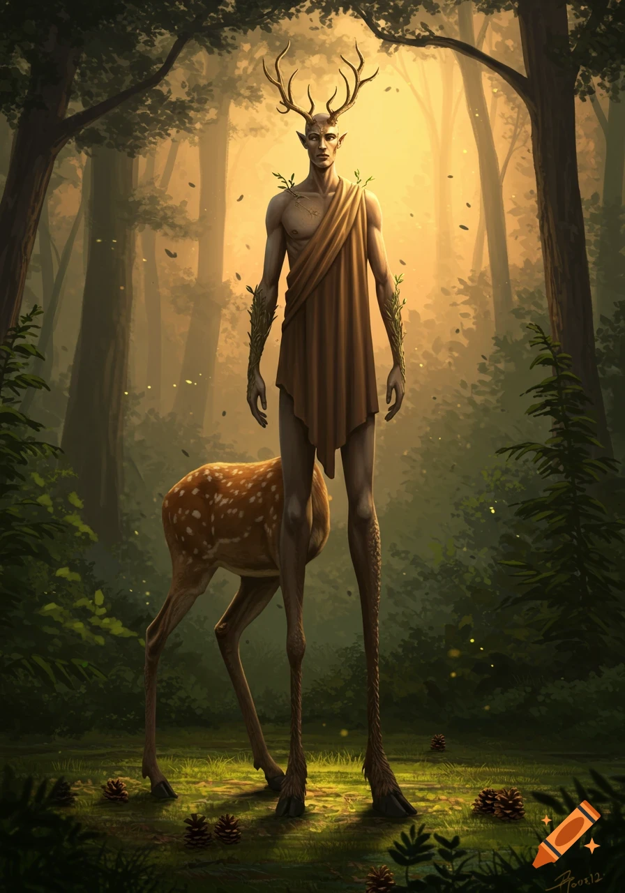 A tall, slender man with deer antlers and legs, wearing a loincloth, stands in a mystical forest with golden light.