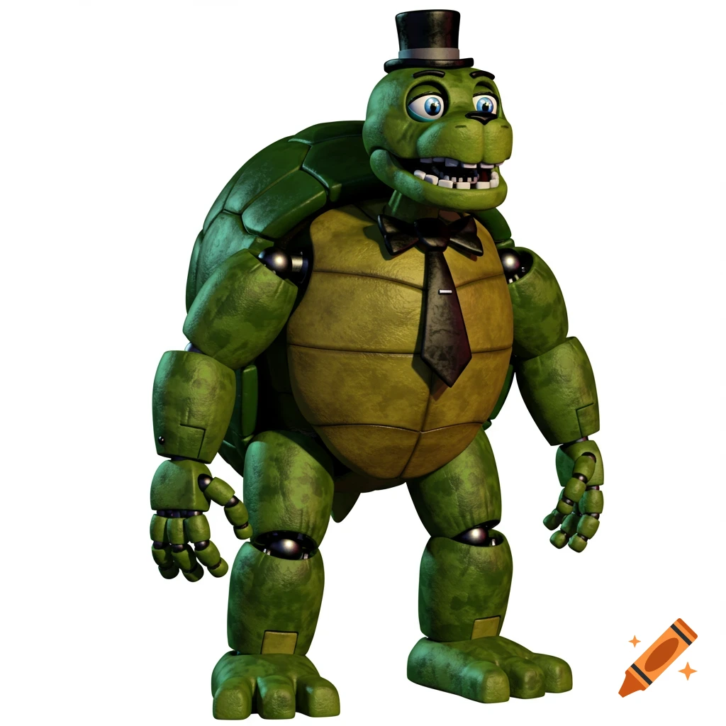 A full-body 3D render of a green animatronic tortoise in a top hat and tie, styled in the Five Nights at Freddy's aesthetic.