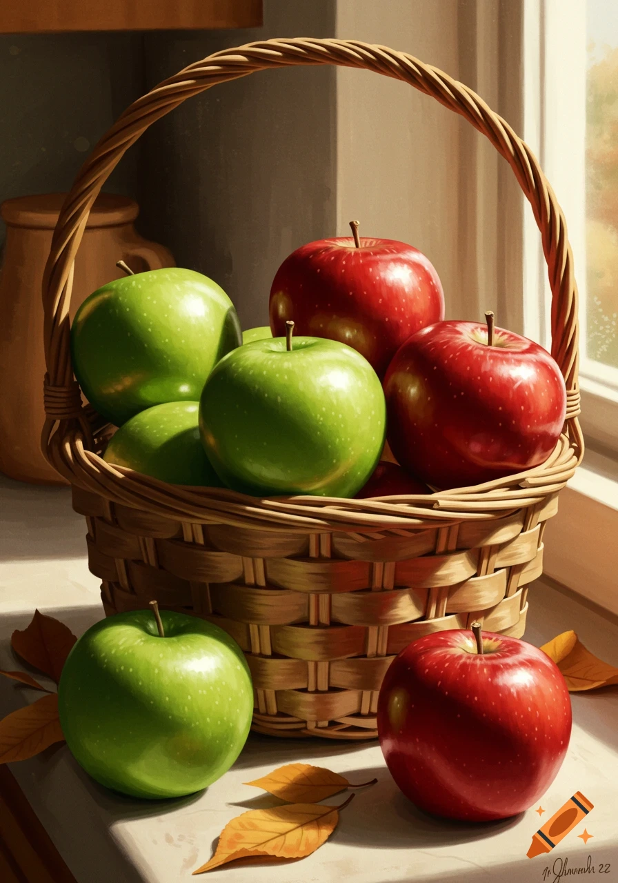 A still life painting of a wicker basket filled with green and red apples, with leaves on a counter by a window.