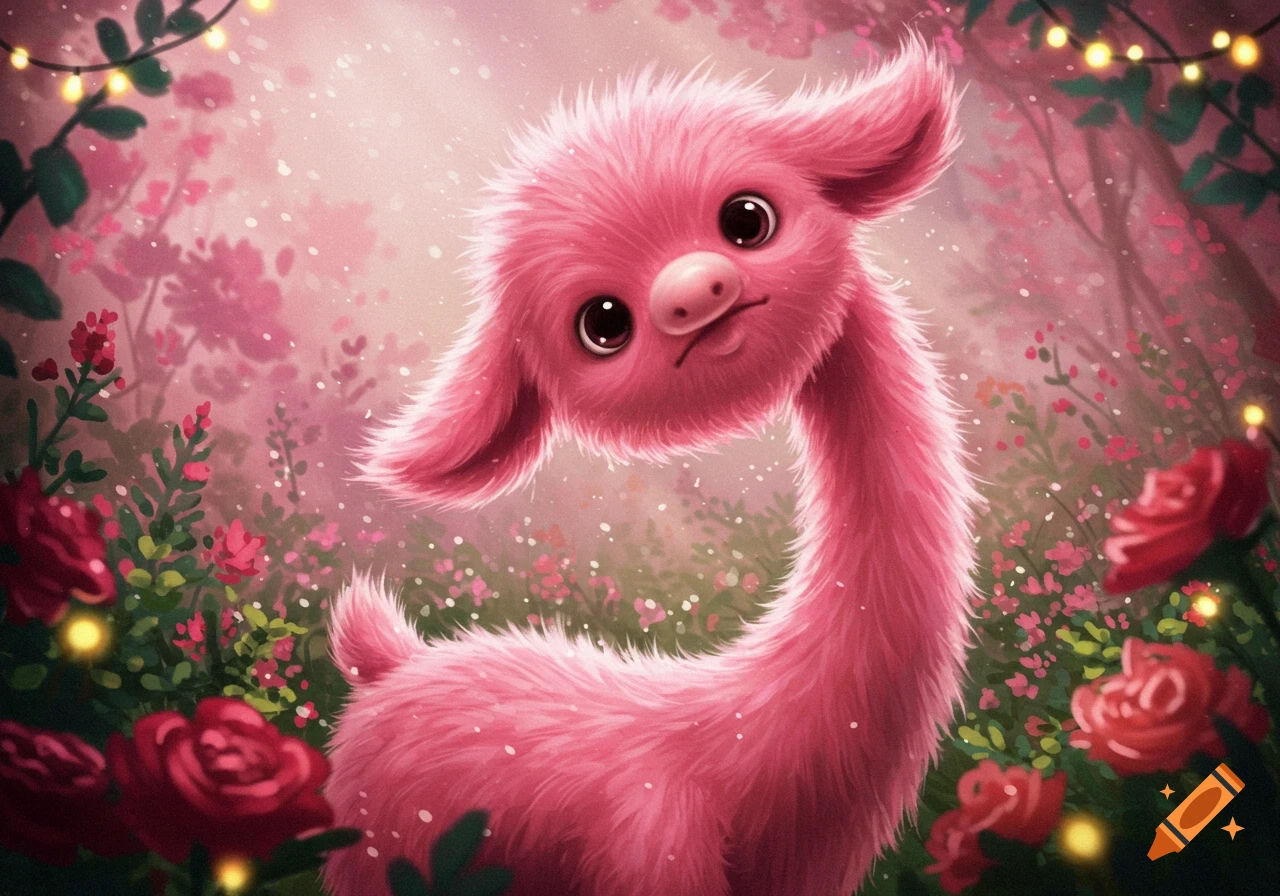 A cute, fluffy pink creature with a long neck and big eyes in a magical pink forest with glowing lights and flowers.