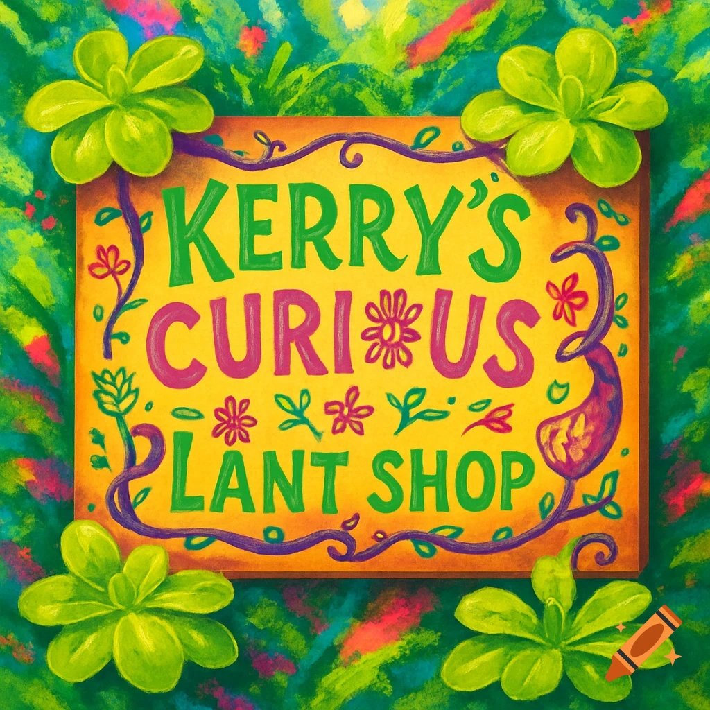 A vibrant, painterly sign for "KERRY'S CURIOUS PLANT SHOP" in green and magenta text on a yellow background, framed by green succulent-like plants.