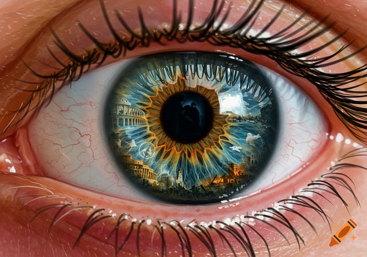 Photorealistic human eye with its iris reflecting surreal scenes of history, love, war, and cityscapes.