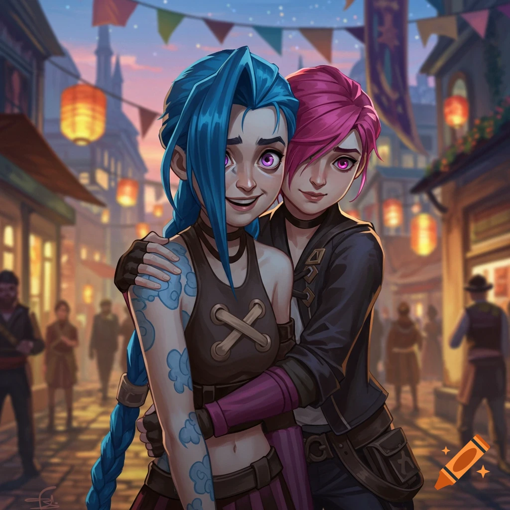 Animated illustration of Jinx with blue braids and Vi with pink hair embracing in a lively fantasy street market at dusk.