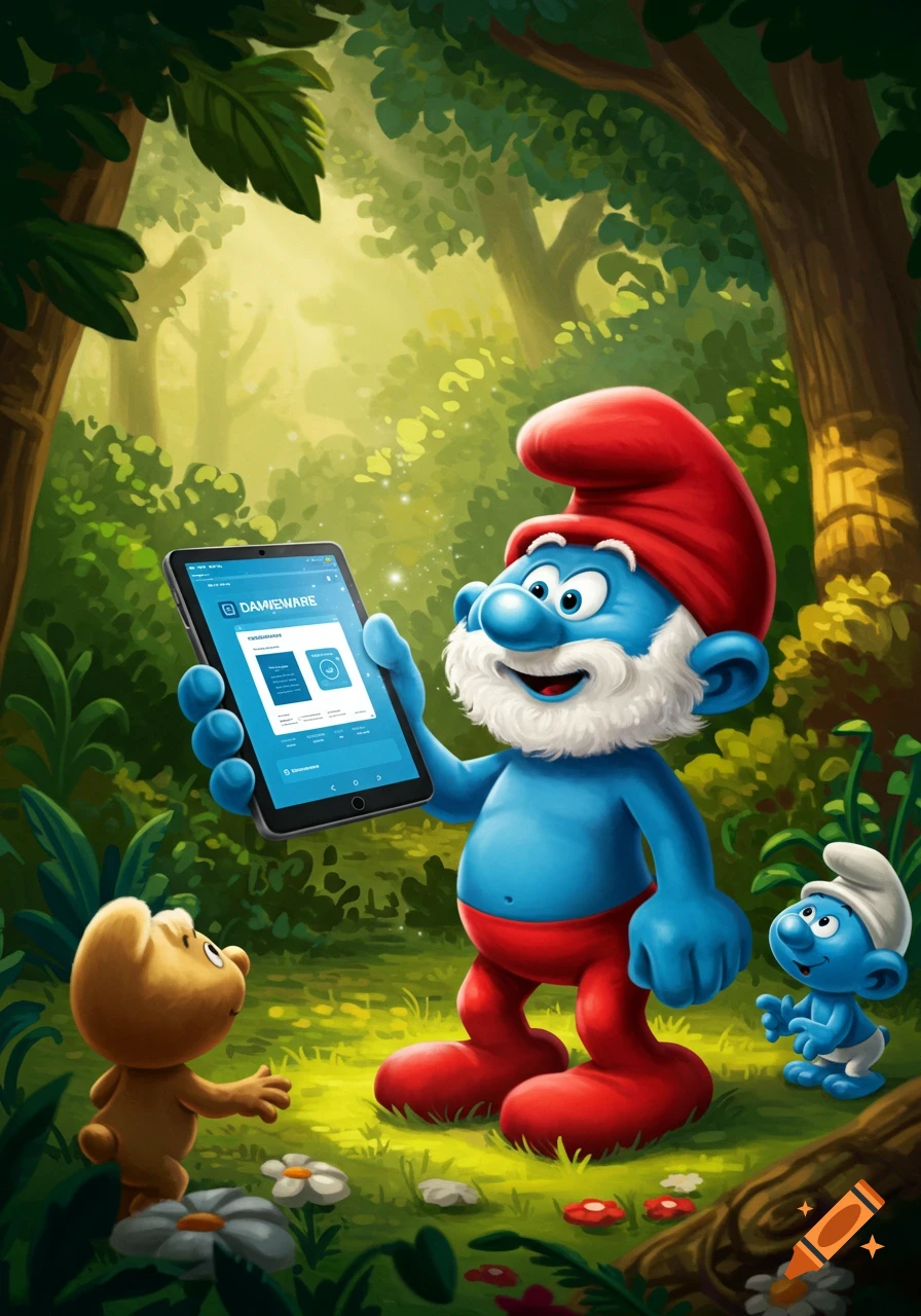 Papa Smurf holding a tablet displaying a software interface, showing it to a baby Smurf and a bear cub in a vibrant forest.