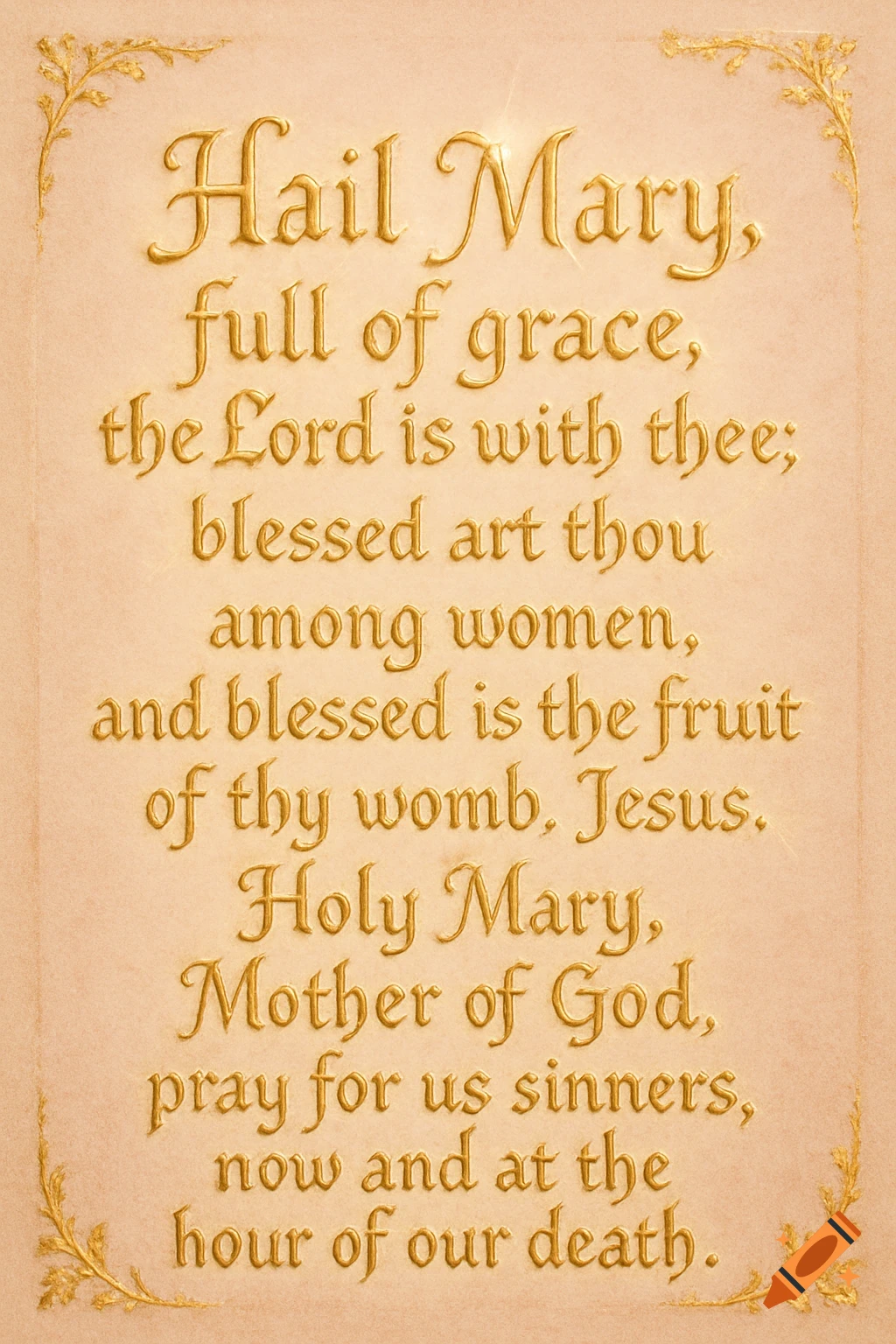 The Hail Mary prayer in embossed gold lettering on a light pink textured background, with decorative gold corners.