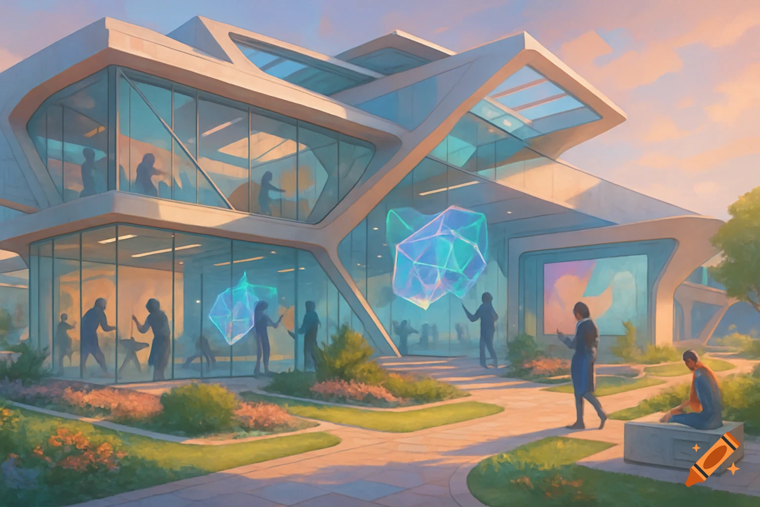 Futuristic glass building at sunset with people interacting with glowing geometric holograms inside and outside.