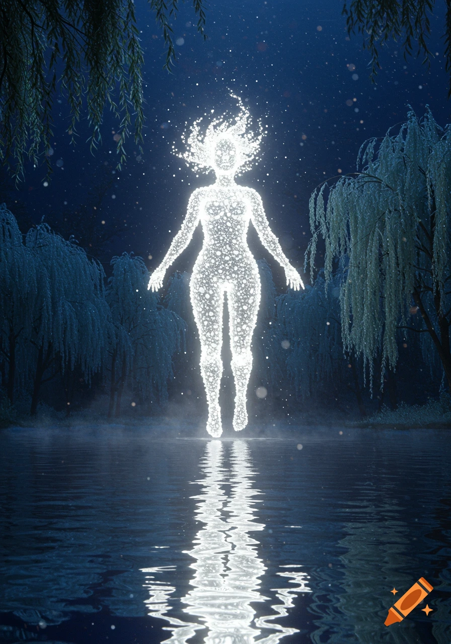 A luminous, ethereal figure floats above dark water, surrounded by misty trees and reflected light at night.