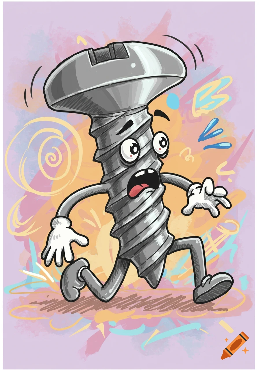 A distressed cartoon screw with doodle arms and legs runs right, screaming, against a colorful abstract background.