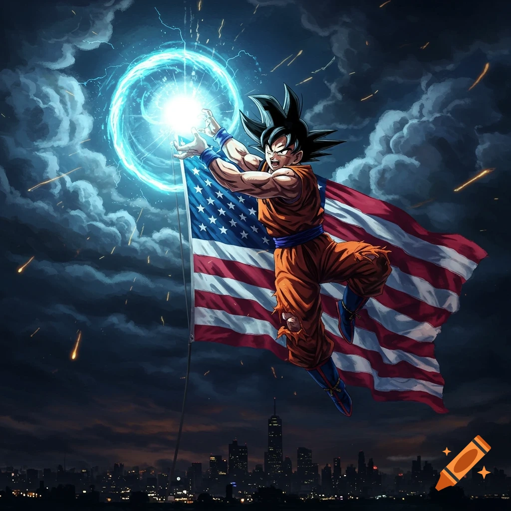 Goku charging a glowing blue energy blast in front of a large American flag, with a city skyline below, in a dramatic anime style.