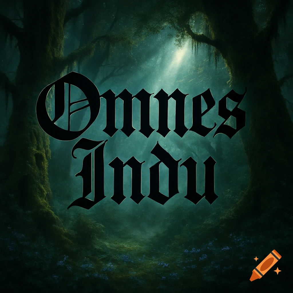 Black gothic text 'Omnes Indu' centered in a dark, atmospheric forest with light rays breaking through the canopy.
