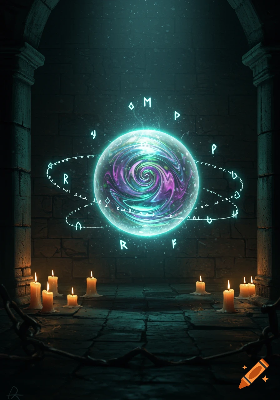 A glowing, swirling purple and teal magic orb floats in a dark, ancient stone chamber surrounded by lit candles and ethereal runes.