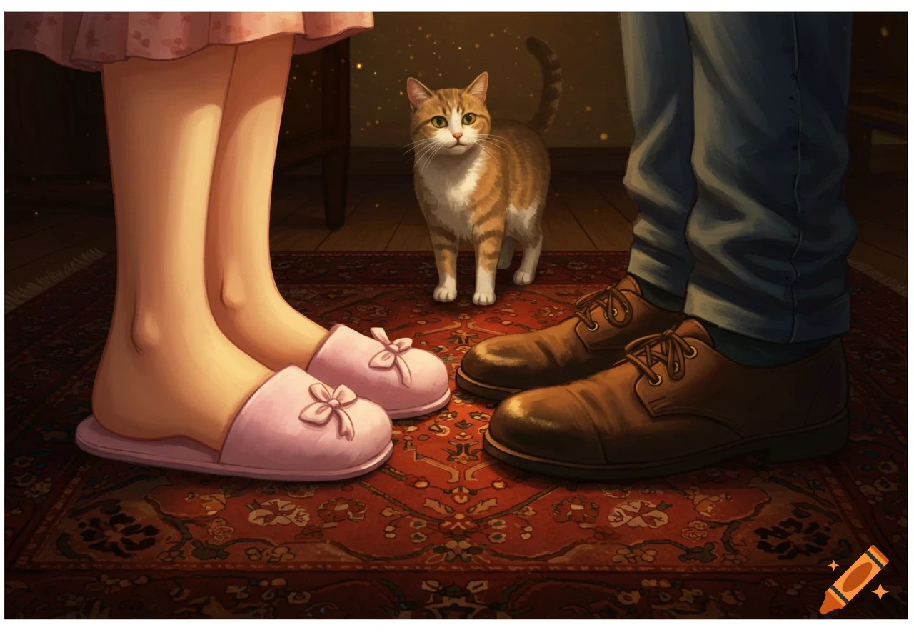 A painting showing the feet of a person in pink slippers and another in brown leather shoes, standing on a patterned rug, with a striped cat between them.