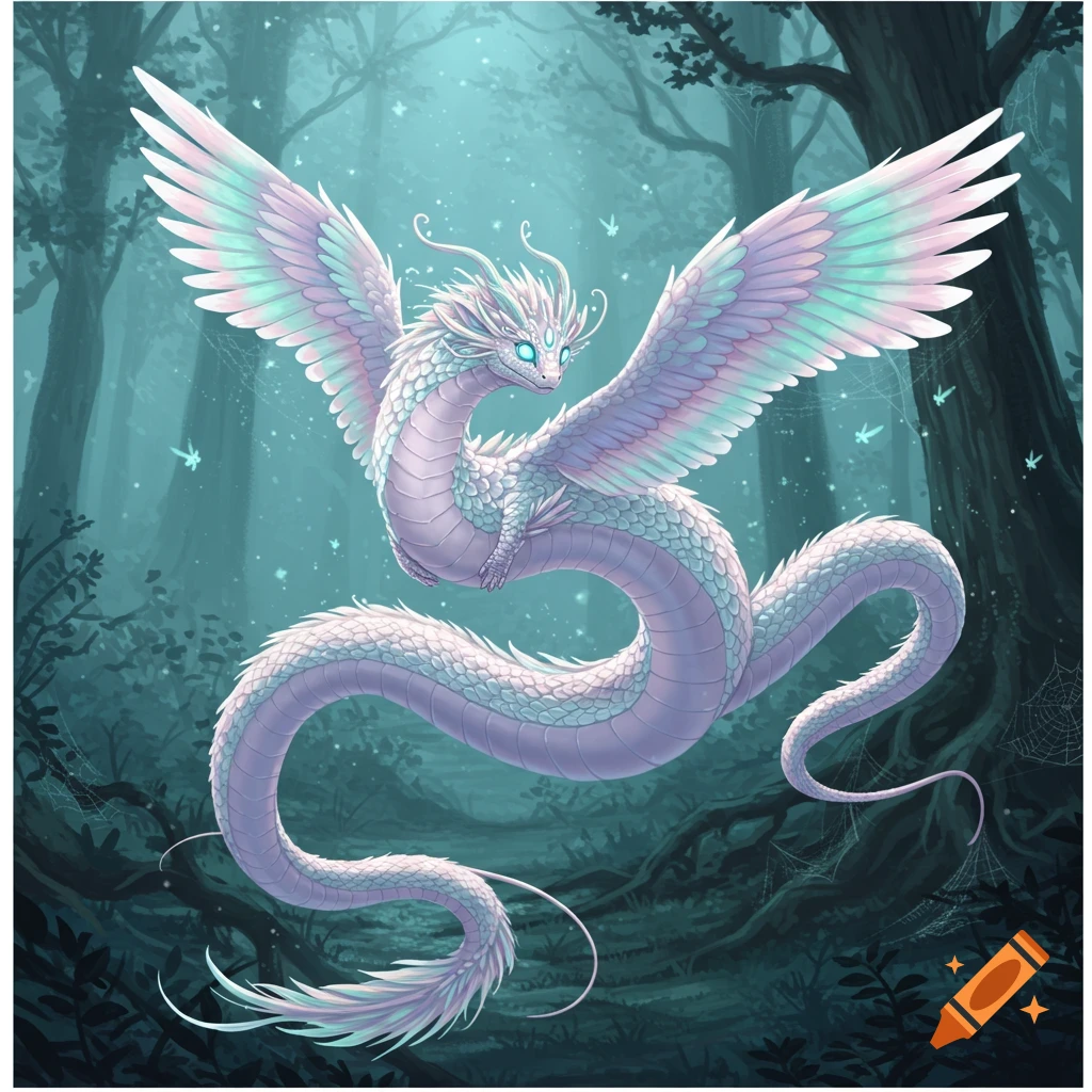 A white, winged serpentine creature with iridescent wings and glowing eyes floats in a mystical, blue-green forest.