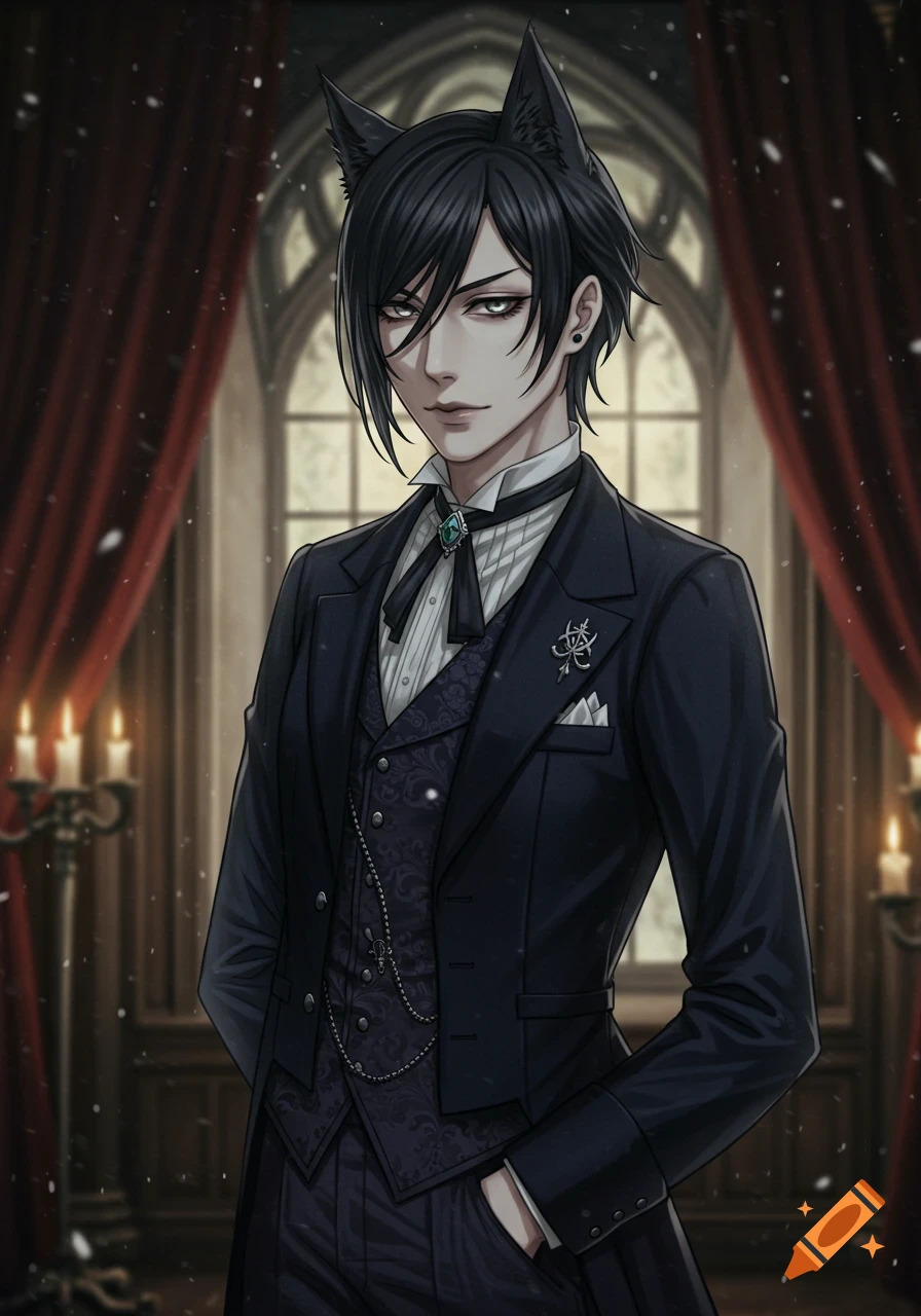 An anime-style character with black wolf ears and hair, wearing a dark suit and vest, in a gothic interior.