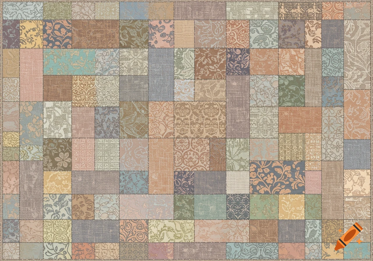 A detailed patchwork quilt pattern featuring numerous rectangular and square fabric patches with various textures and floral or geometric designs in muted, intermediate tones.