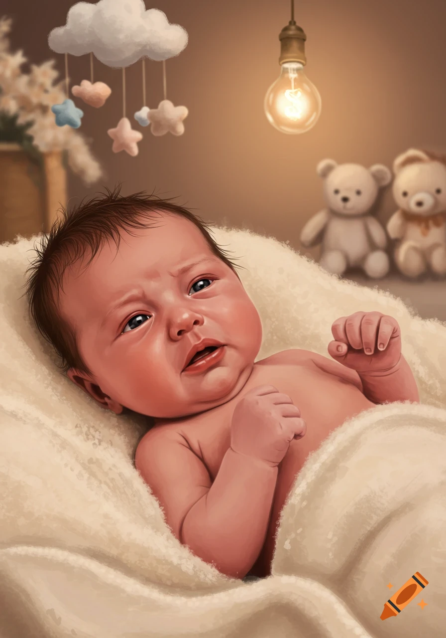 A crying baby lies on its back wrapped in a blanket in a stylized nursery with a mobile and teddy bears.