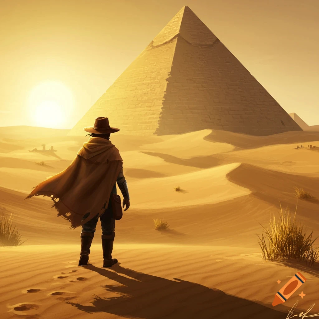 Digital painting of an adventurer in a hat and cape, seen from behind, gazing at a large pyramid in a golden desert at sunset.