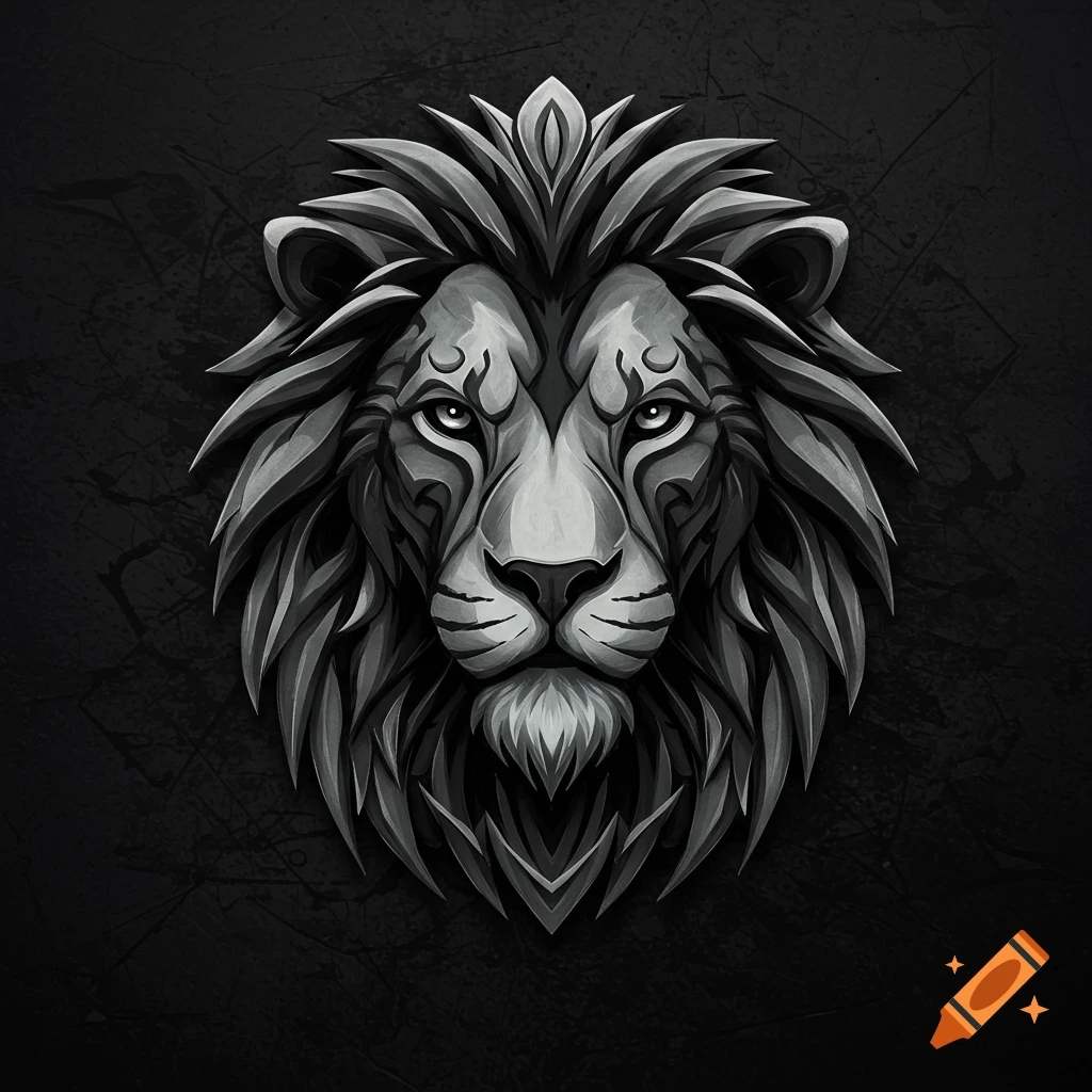 A stylized grayscale lion head symbol with intricate details on a dark, textured background, eyes glowing white.