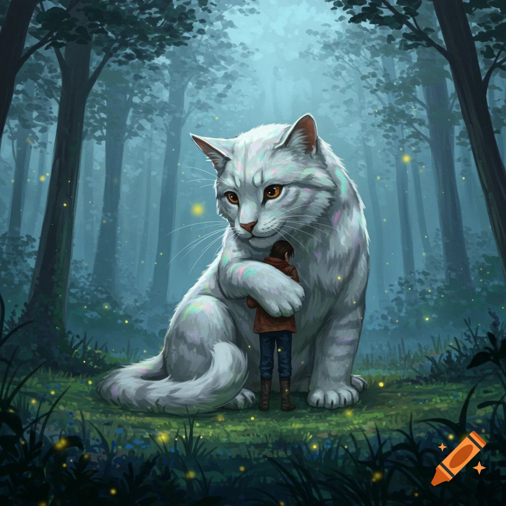 A giant white cat with glowing eyes gently hugs a small person in a mystical, glowing forest with fireflies.