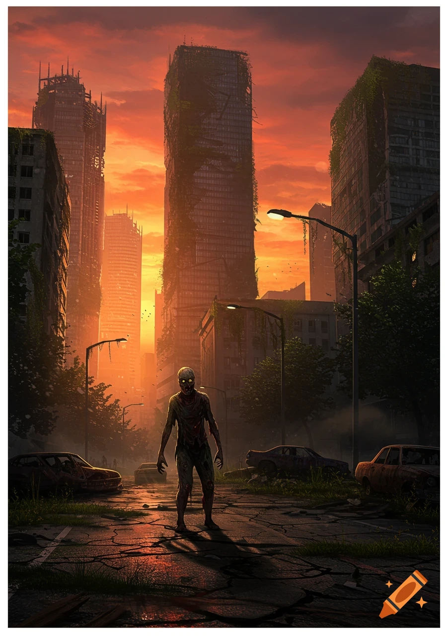 A lone zombie with glowing eyes stands on a cracked road in a ruined, overgrown city under a dramatic orange sky, dark fantasy art.