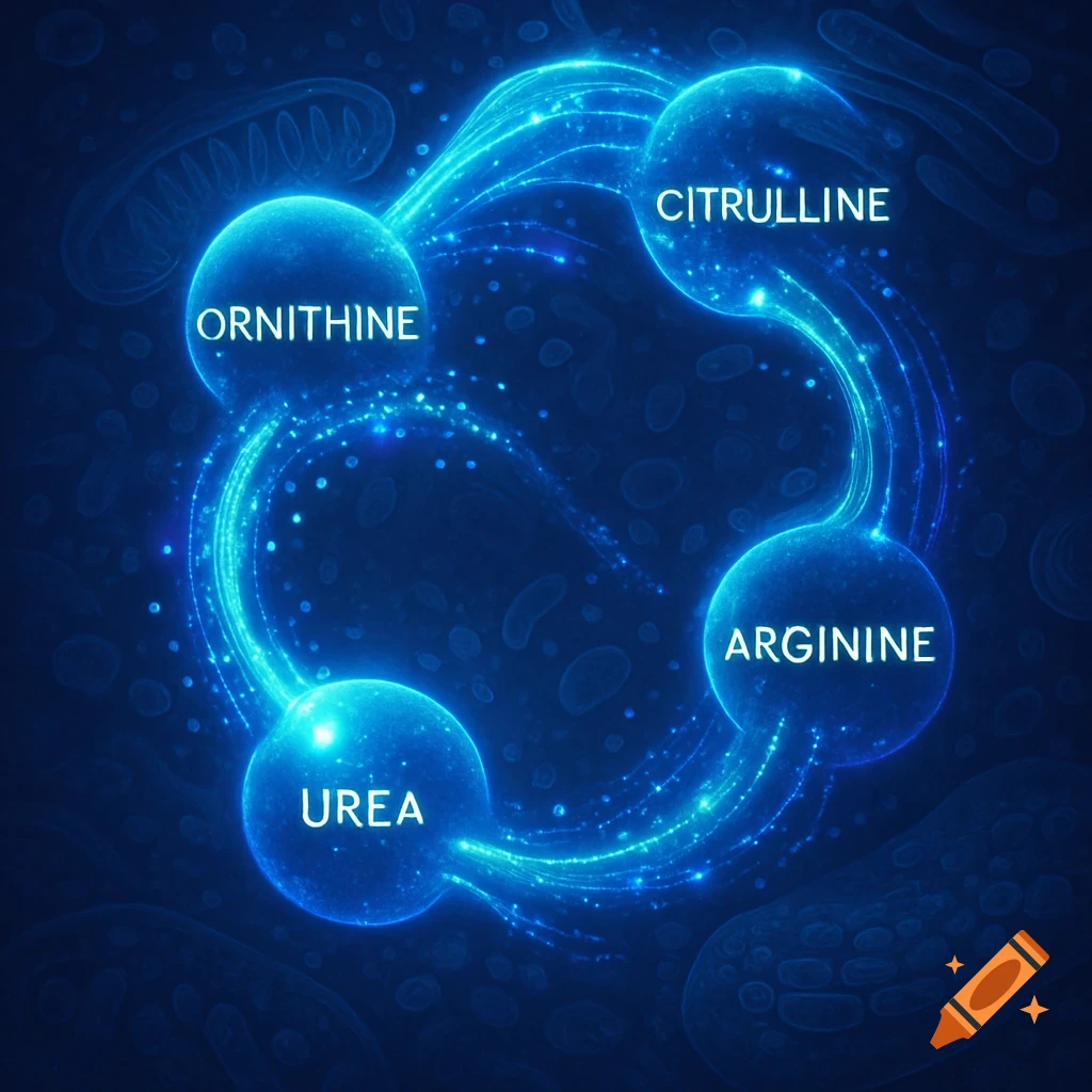 A glowing blue diagram of the urea cycle showing Ornithine, Citrulline, Arginine, and Urea molecules connected by bright energy lines on a cellular background.