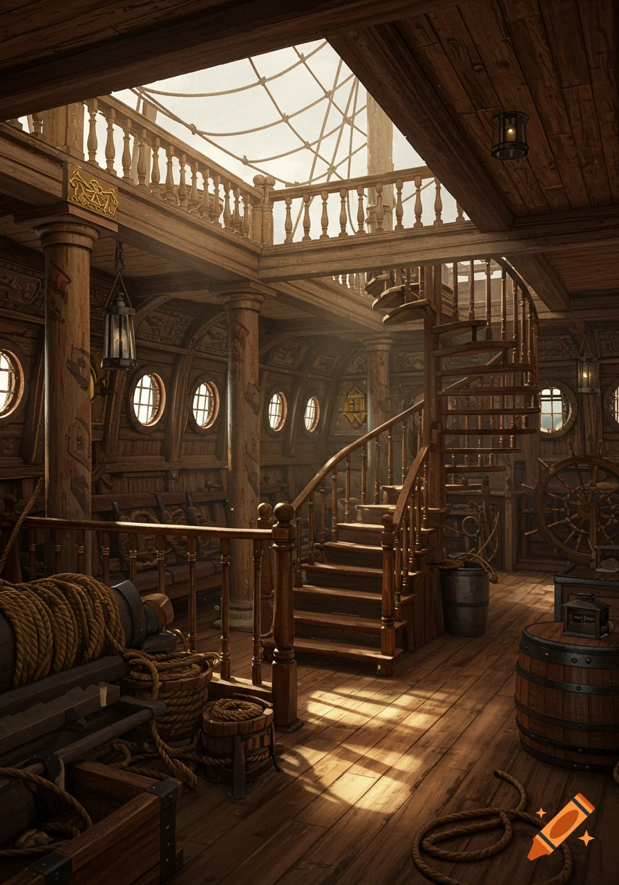 Photorealistic interior of a multi-deck wooden ship with a spiral staircase, portholes, coiled ropes, and sunlit wooden deck.