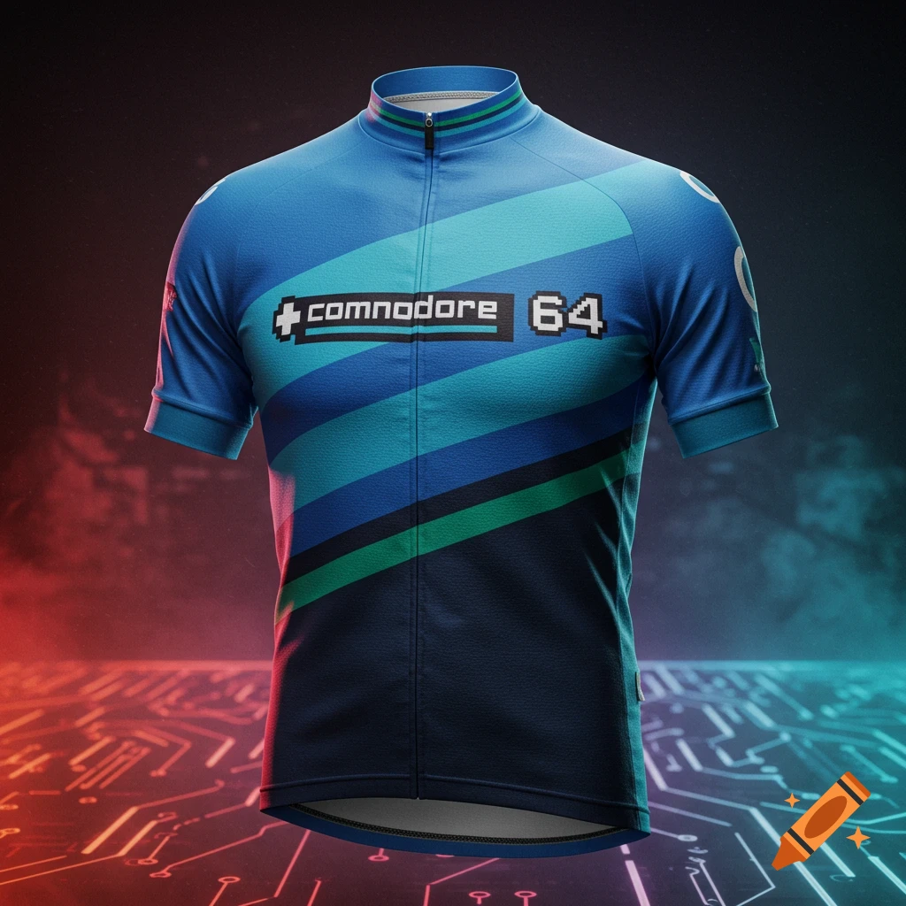 A blue cycling jersey with green and dark blue stripes and a pixelated 'commodore 64' logo on the chest, set against a glowing circuit board background.