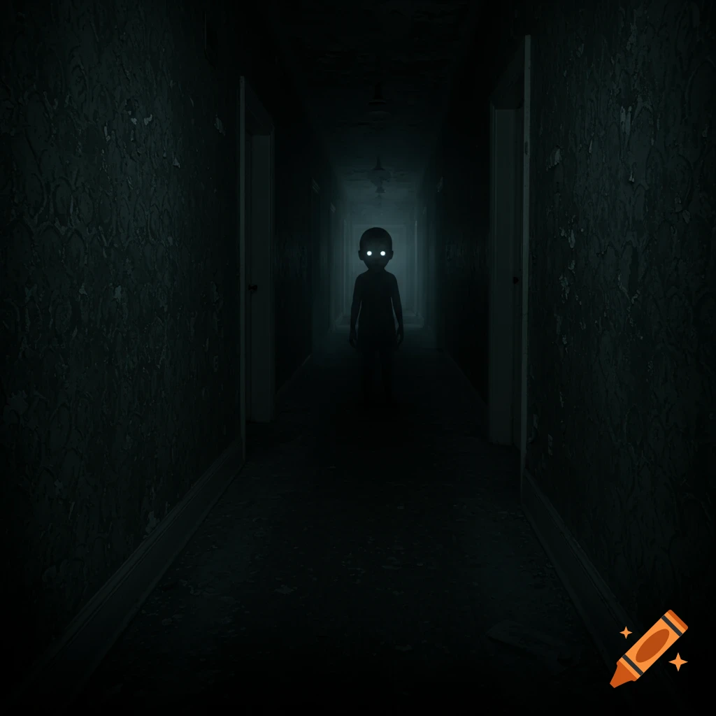 A dark, eerie hallway with peeling wallpaper and faint light, featuring a shadowy child with glowing white eyes in the distance.