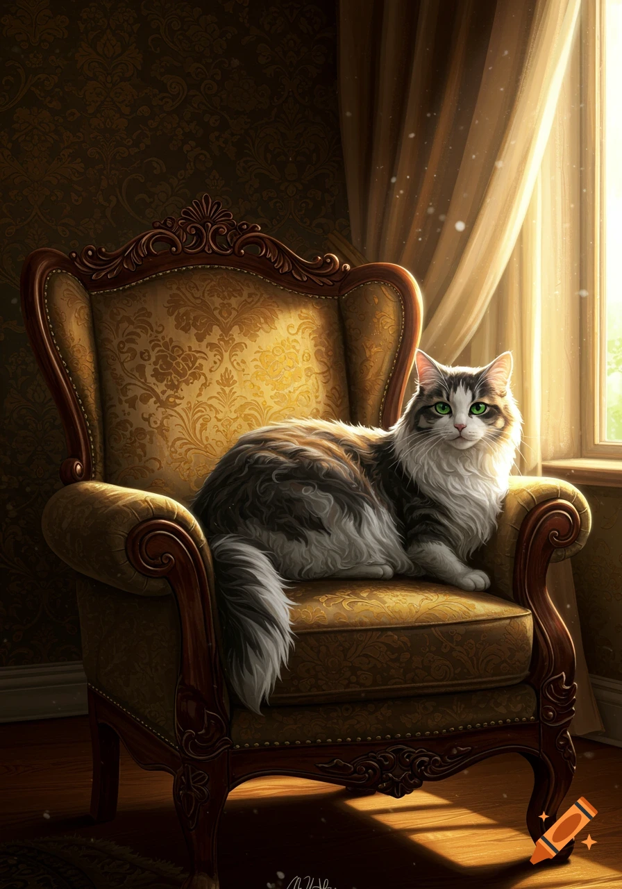 A fluffy, long-haired cat with green eyes sits majestically on an ornate gold armchair, bathed in sunlight from a window.