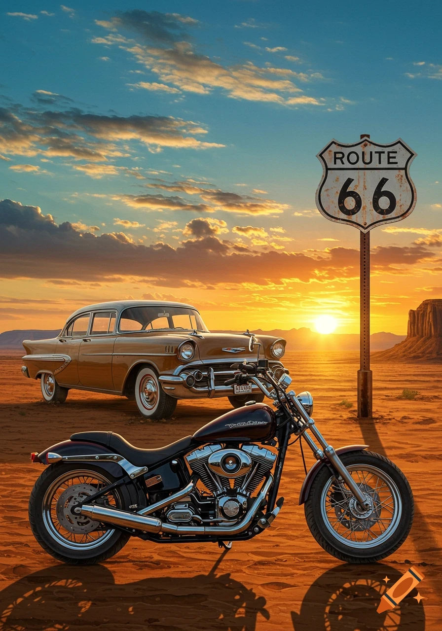 A vintage motorcycle and a classic car in a desert landscape at sunset, with a Route 66 sign.