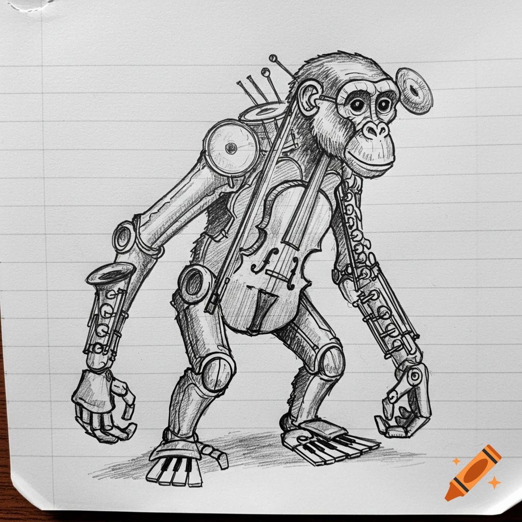 Hand-drawn sketch of a chimpanzee-like robot figure constructed from musical instruments on lined paper.