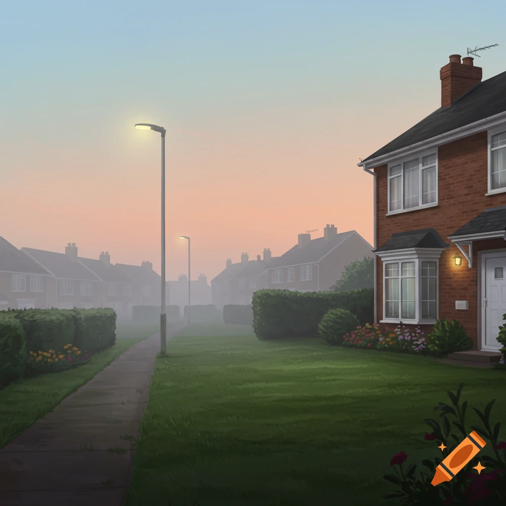 A foggy suburban street at dawn or dusk, with brick houses, green lawns, hedges, and illuminated streetlights along a sidewalk.