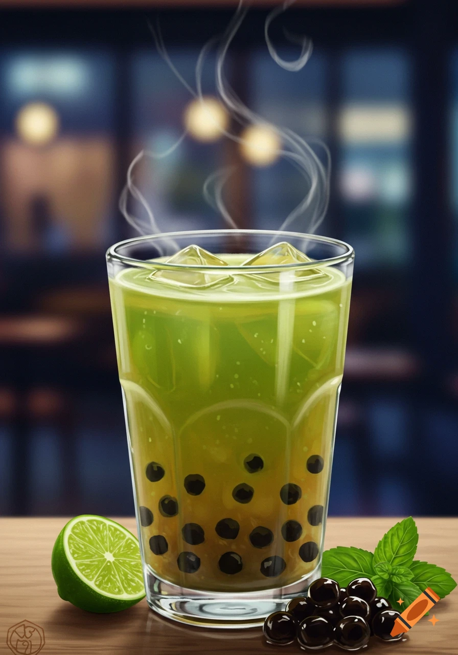 A vibrant green boba tea with ice cubes, lime, mint, and black tapioca pearls in a glass on a wooden table.