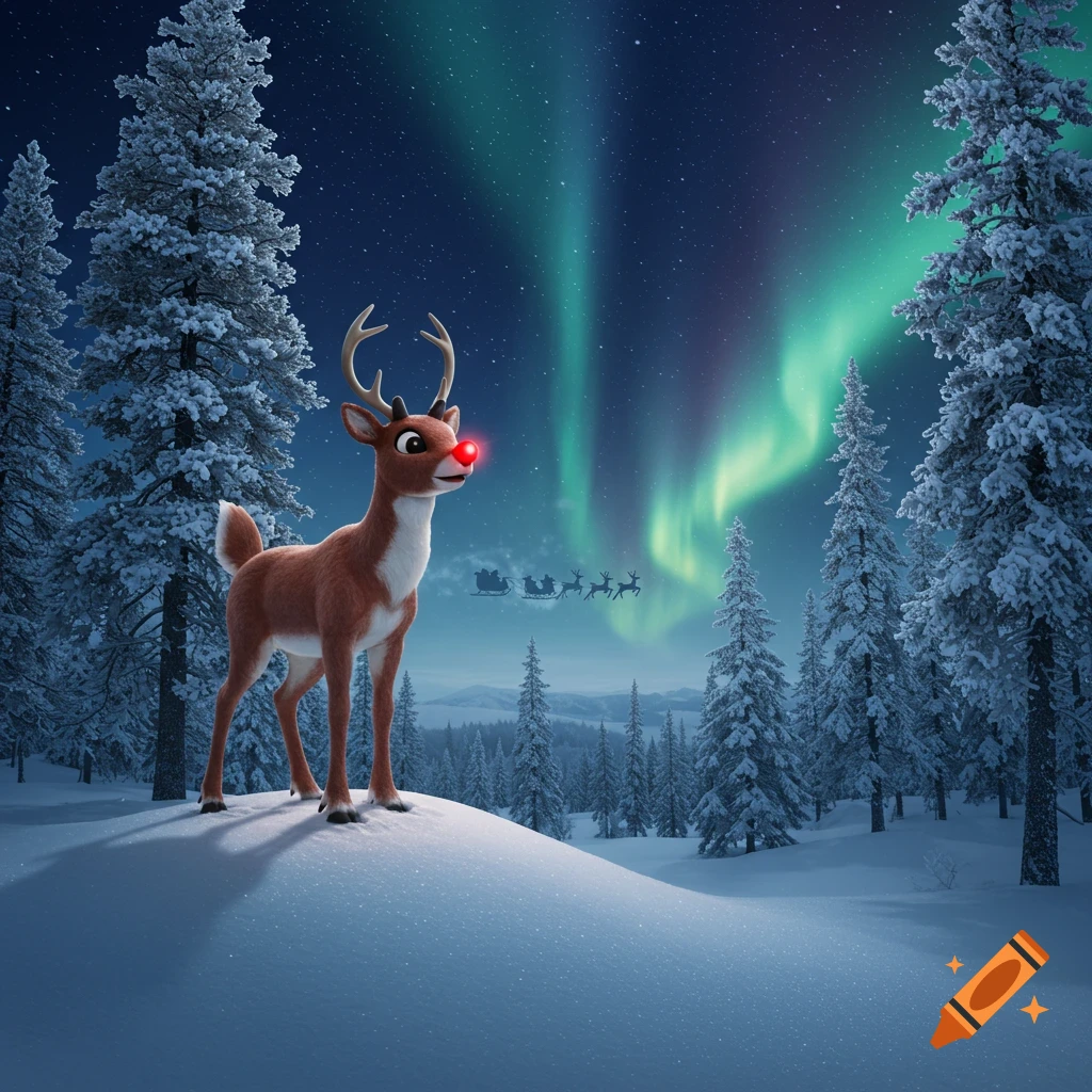 Rudolph the Red-Nosed Reindeer on a snowy hill in a winter forest, Northern Lights above, Santa's sleigh in the distance.