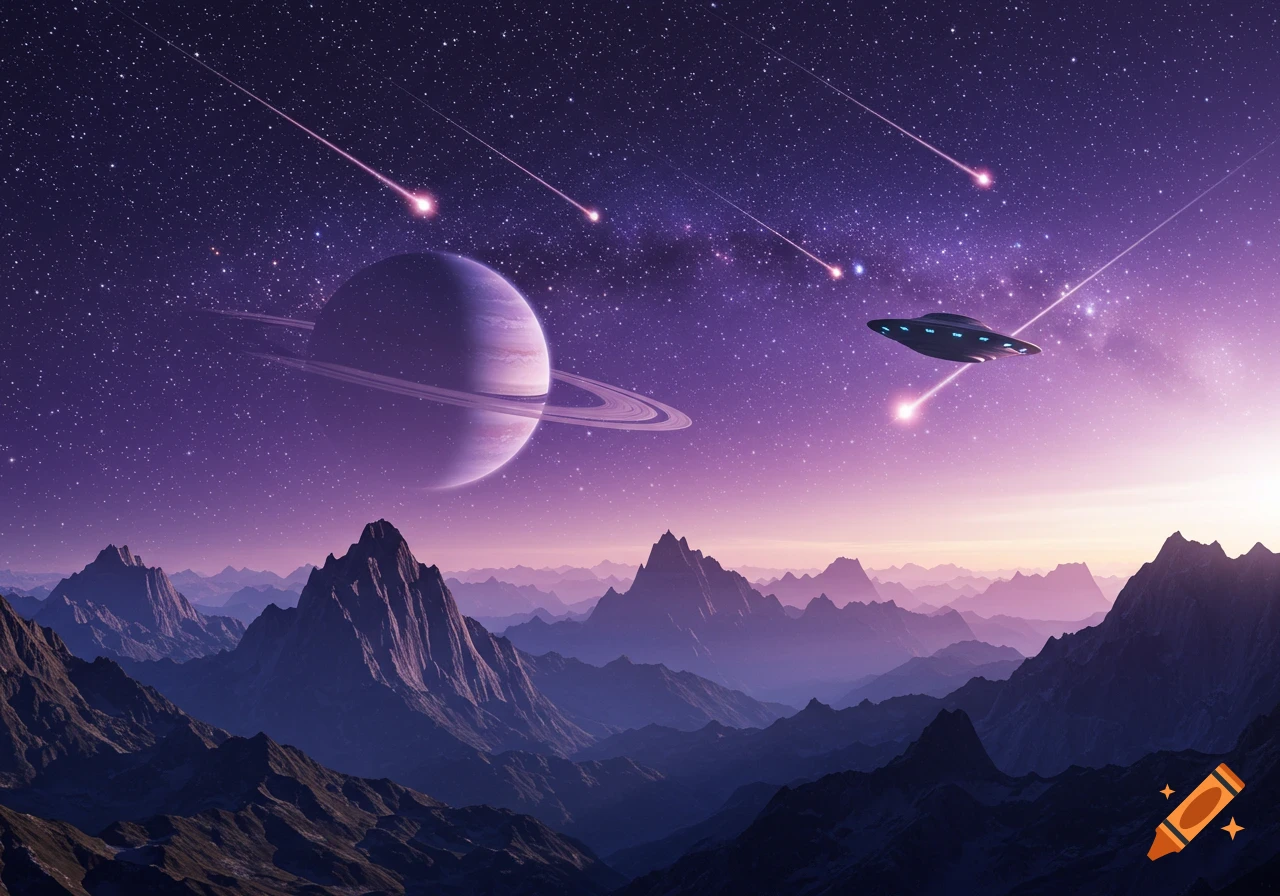 A purple-hued alien landscape with jagged mountains, a ringed planet, shooting stars, and a UFO in a starry sky.