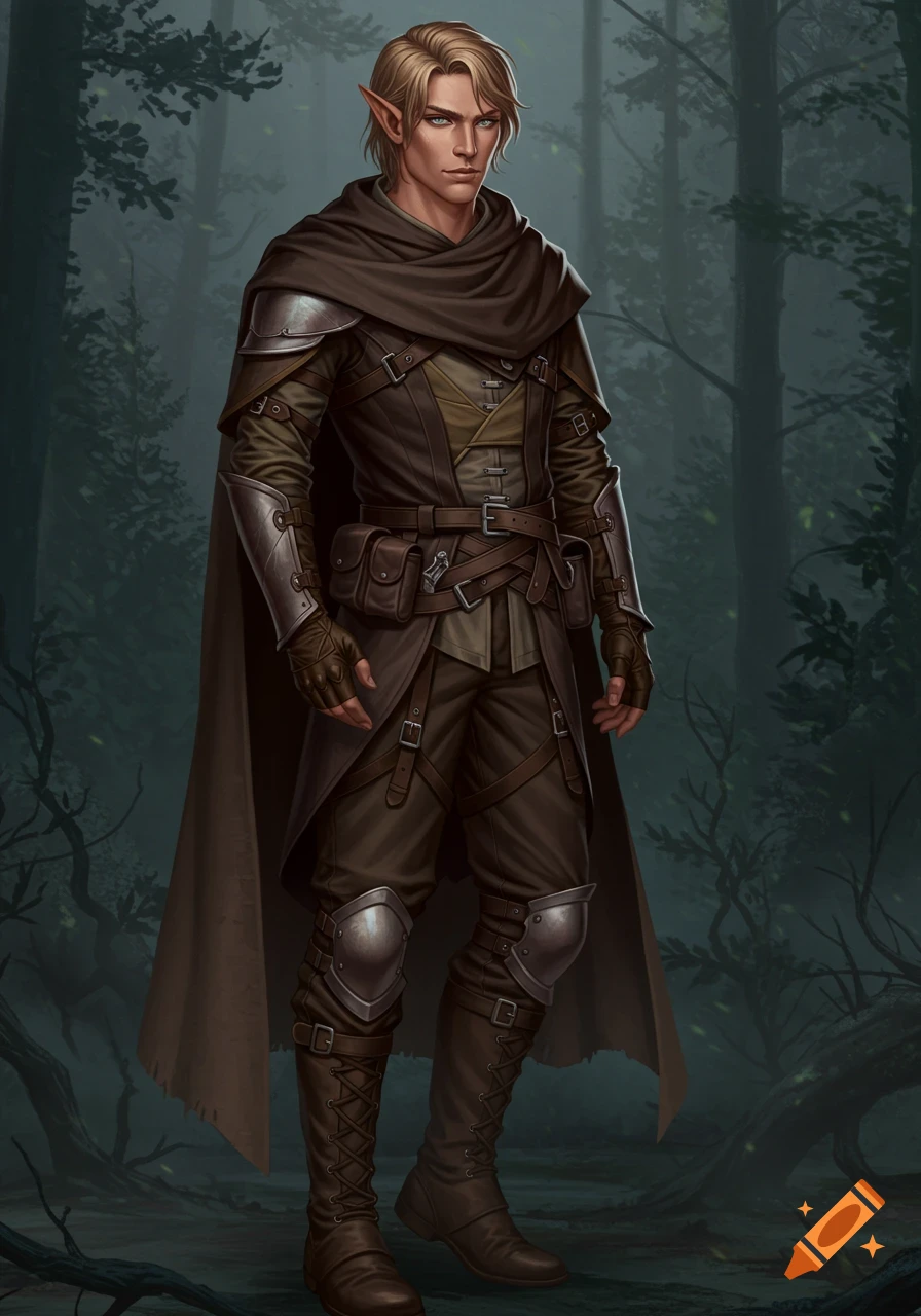 A male elf in a brown cloak and leather armor stands in a misty fantasy forest, digital painting.