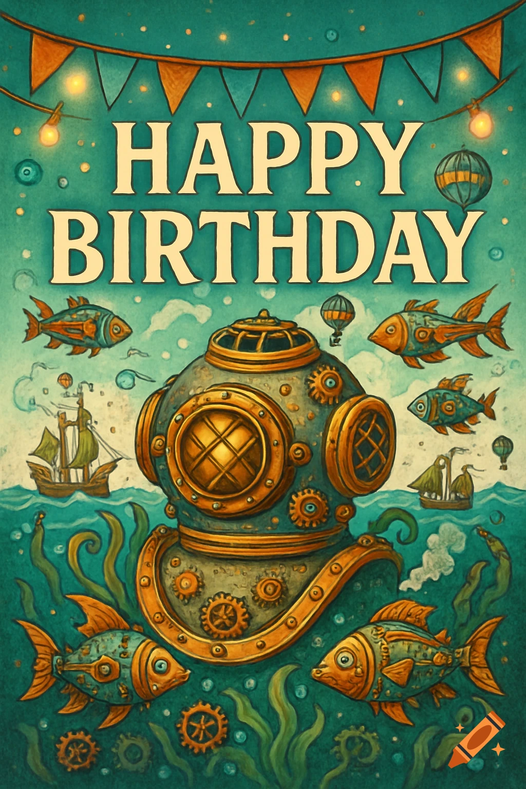 A whimsical steampunk birthday card with a large diving helmet, mechanical fish, ships, and underwater plants, reading "HAPPY BIRTHDAY".